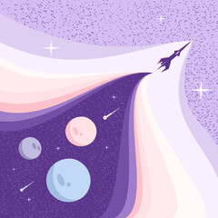 Vector illustration for the Cosmonautics Day holiday on April 12. Planets, Rocket, stars.