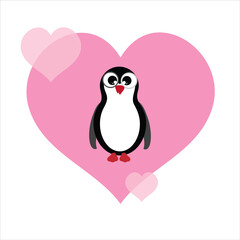 Vector illustration of heart with penguin. Symbol of animal, care and love.