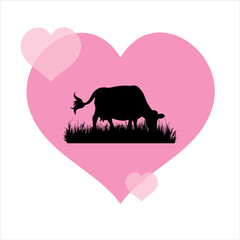 Vector illustration of heart with cow. Symbol of animal, care and love.