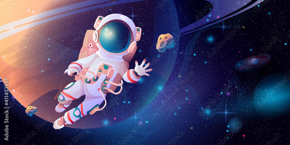 Poster Astronaut in spacesuit with helmet discovering outerspace. Vector cartoon cosmonaut science in cosmos, planet and stars on background. Exploration of space, floating interstellar, cosmic adventures