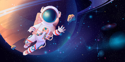 Astronaut in spacesuit with helmet discovering outerspace. Vector cartoon cosmonaut science in cosmos, planet and stars on background. Exploration of space, floating interstellar, cosmic adventures © Sensvector