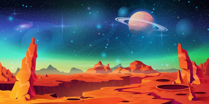 Mars surface landscape, alien planet background, Saturn on starry sky. Vector red desert with mountains, craters and shining stars. Martian extraterrestrial computer game backdrop, cartoon world