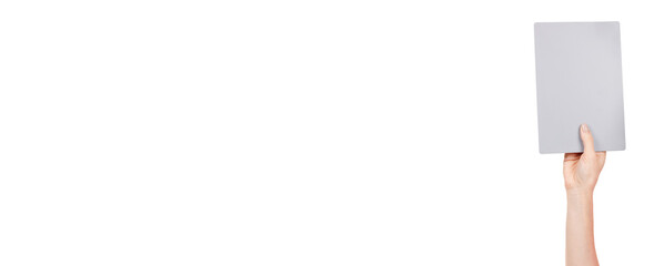 Hand with grey kitchen chopping board isolated on white background.