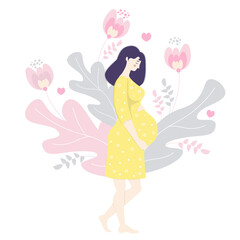 Motherhood. Happy pregnant woman In a yellow dress with hands gently hugs belly. Stands barefoot against the background of decorative leaves, flowers and hearts. Vector. flat illustration