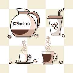 Coffee break. Coffee pot, cup with saucer, paper cup. Coffee icon set. Linear symbol for web and mobile phone on checkered background. Coffee and coffee beans. Vector graphic illustration.