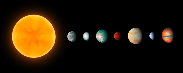 Star with planets. Extrasolar system with a star and exoplanets. Alien planetary system. Space panorama.