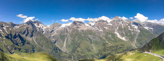 Panoramic aerial view of Grossglockner mountain along Taxenbacher Fusch high alpine road in Austria Tirol