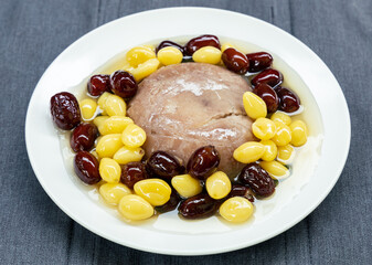 Thailand traditional rice stick with sweet taro smash and dried fruit 