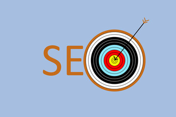SEO. Search engine optimization. Illustration with the word and a target with an arrow hitting the target. Isolated on a light blue background. Design element.