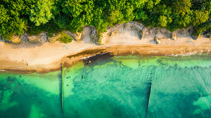 Top down view of beach by Baltic Sea in summer
