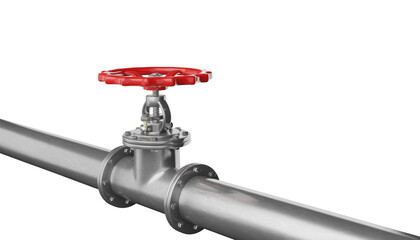 3D render glossy metal pipe with valve on a white background.Illustration of a digital image for industrial.