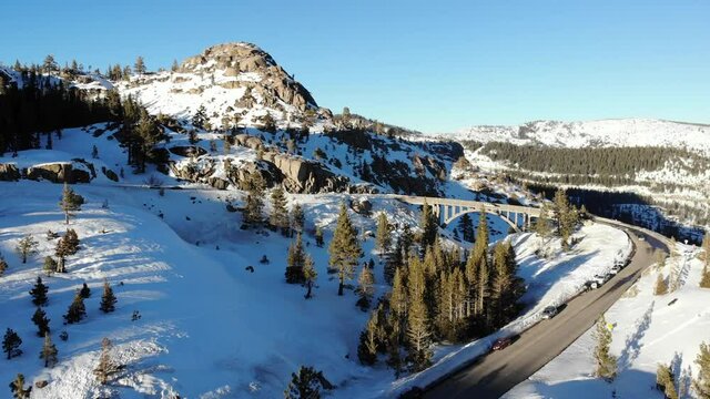 Aerial Shot of Highway 40 Bridge Over Donner Summit with Snow - Drone