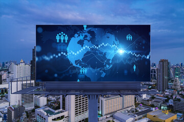 World planet Earth map hologram and social media icons on billboard over night panoramic city view of Bangkok, Southeast Asia. Networking and establishing new connections between people. Globe