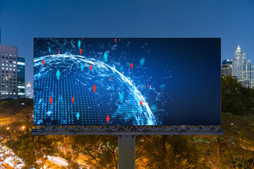 World planet Earth map hologram and social media icons on billboard over night panoramic city view of Bangkok, Southeast Asia. Networking and establishing new connections between people. Globe