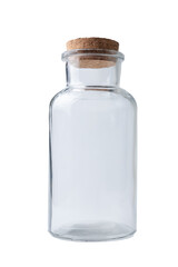 Glass transparent bottle with cork cap isolated on white background.
