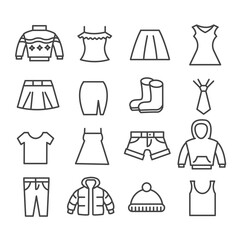 Set of clothing and accessories in simple minimal icon for different seasons collection. Modern outline on white background
