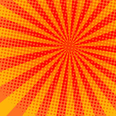 Pop art colorful comics book magazine cover. Striped orange background. Cartoon funny retro pattern strip mock up. Vector halftone illustration. Sunburst, starburst shape. Digital background.