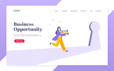 Business key opportunity concept with keyhole and ambitious woman running to career potential website landing page flat style vector illustration. New way business beginnings and unlock future.