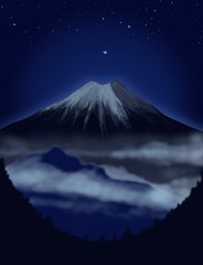 Drawing of mount fuji, japan at night, fog and stars . - 411461585