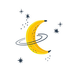 Banana planet in outer space Celestial fruit vector illustration isolated on white. Juicy galaxy Cosmic veggie art for kid textile apparel design print