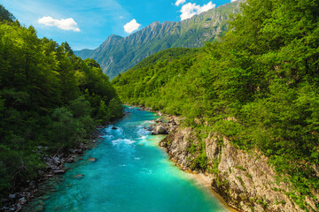 Fototapeta na wymiar Stunning Soca river in the deep canyon near Kobarid, Slovenia