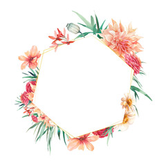 Hexagon floral frame. Hand drawn flowers card design with anemone, dahlia, roses, green leaves, branches. Greeting or wedding template.