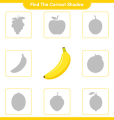 Find the correct shadow. Find and match the correct shadow of Banana. Educational children game, printable worksheet, vector illustration