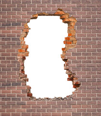 Broken hole in an old brick wall