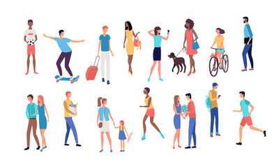 Fototapeta na wymiar Crowd of people performing spring, summer outdoor activities - dog walking, cycling, skateboarding, soccer, running, walking, selfie. Group of flat cartoon men and women isolated on white background. 