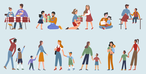 Fototapeta na wymiar Parents with children, happy parenting vector illustration set. Cartoon family people spend time together, father mother and cute child daughter or son characters playing, eating food and walking