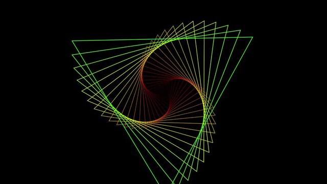 Abstract animation of graphic elements in different rainbow colors on a black background - movement of triangles in rotation moving out from the center of the screen