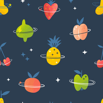 Cosmic veggie Fruity planet Celestial fruit seamless pattern. Juicy galaxy childish background for textile apparel design print