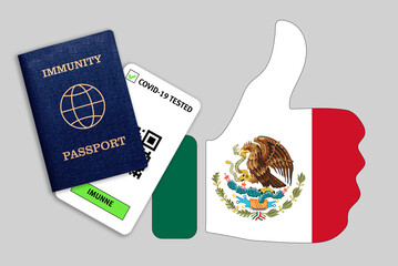 Immune passport and coronavirus test with thumb up with flag of Mexico