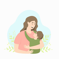 Happy mom and son are hugging against the background of floral motives. Mothers Day. The concept of love and protection of the child by the parent. Flat vector illustration.