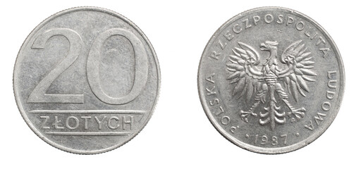 twenty Polish zloty coin on a white isolated background