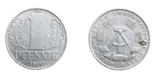one german coin pfennig on a white isolated background
