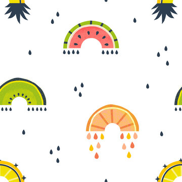 Fruity rainbow seamless vector pattern. Watermelon Kiwi Orange Pineapple fruit arch nursery illustration. Juicy Summer baby backdrop design 