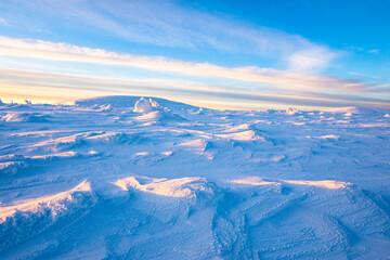 beautiful winter landscape of Krkonose mountain in Poland and czech republic during sunrise