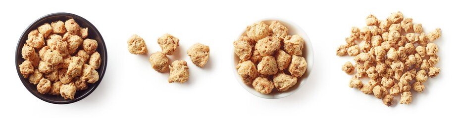 Bowl of soya chunks isolated on white, from above