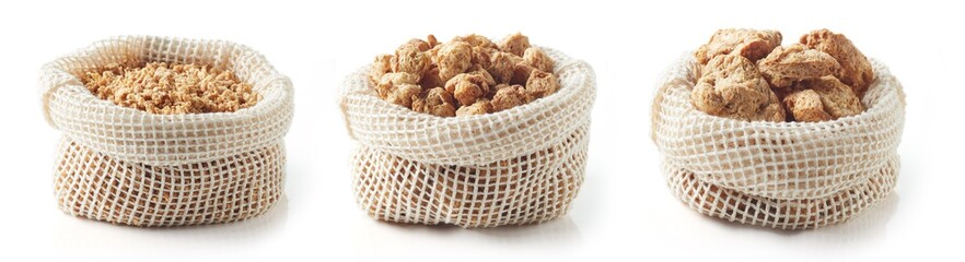Textile bag of soya chunks isolated on white
