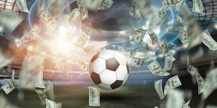 Online sports betting. Soccer ball with falling dollars on the background of the stadium. Creative background, gambling.