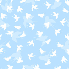 Seamless pattern with white swallow silhouette on blue background. Cute bird in flight. Vector illustration. Doodle style. Design for invitation, poster, card, fabric, textile