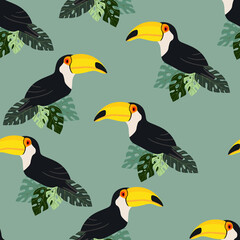 Naklejka premium Seamless pattern with cute cartoon toucan bird on branch. Vector illustration for wallpaper, fabric, textile. Summer exotic print. Tropical toucan with floral monstera leaves