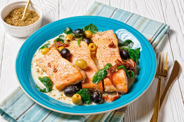 Salmon stew with cream sauce on a plate, top view