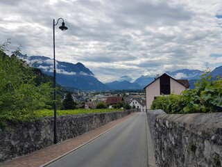 Beautiful idyllic street on a summer day in a mountain village in Liechtenstein