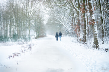People walking in the snow in on a dutch winter day.