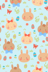 Seamless pattern with cute Easter bunnies. Vector graphics.