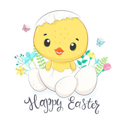 Happy Easter. Cute chick with eggs. Vector illustration.