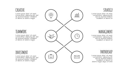 Doodle infographic elements with 6 options. Hand drawn icons. Thin line illustration