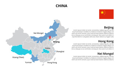 China vector map infographic template divided by states, regions or provinces. Slide presentation